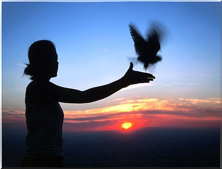 woman releasing dove symbolizing how to be happy after having lived a traumatic childhood