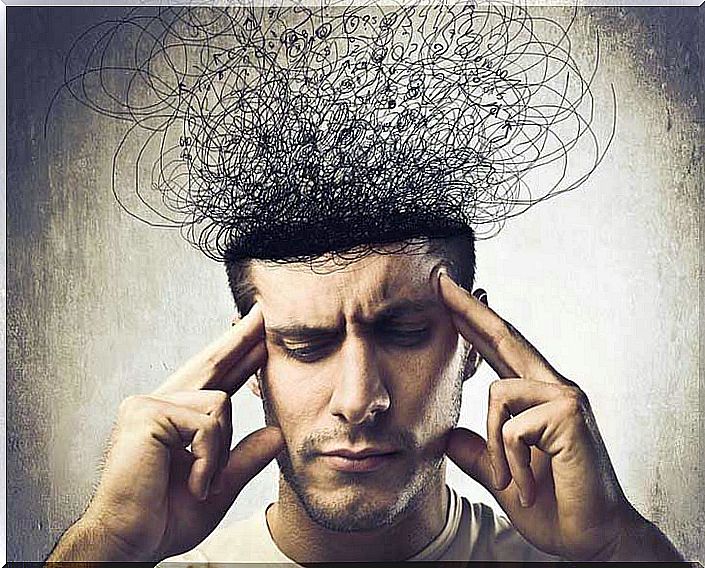 Man with maze of thoughts in his head