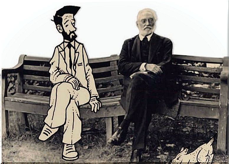 Unamuno sitting on a bench next to a character