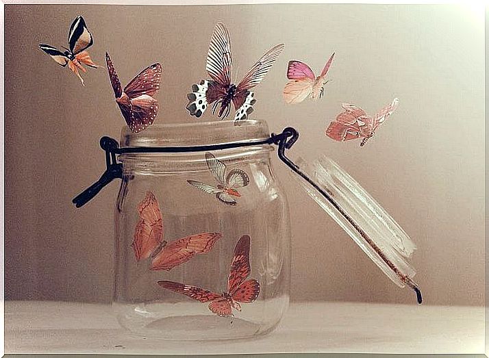 Glass pot with butterflies representing good people