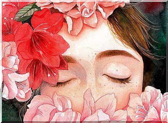 Woman with closed eyes shot of flowers