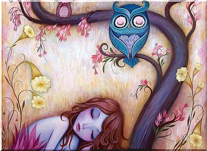 Sleeping girl accompanied by an owl