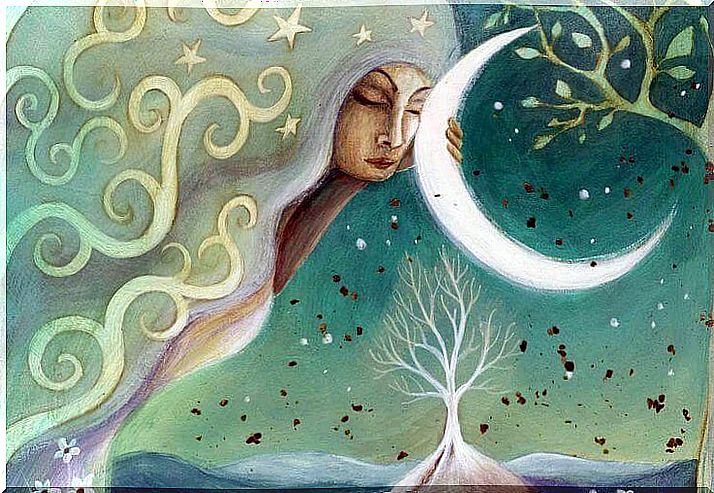 Woman clinging to the moon enjoying solitude