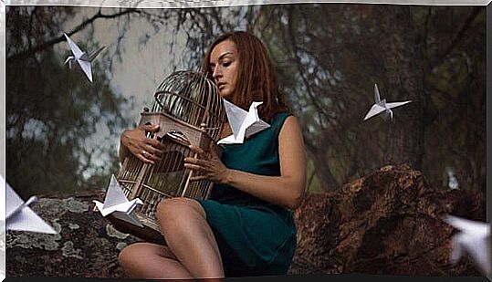 girl with bird cage tired of liking and pleasing